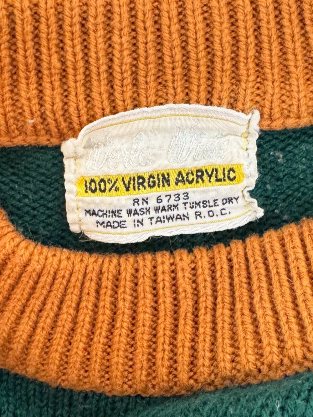 Vintage 70s Children's Green Yellow Striped Collegiate Crewneck Sweater Medium - Picture 4 of 10